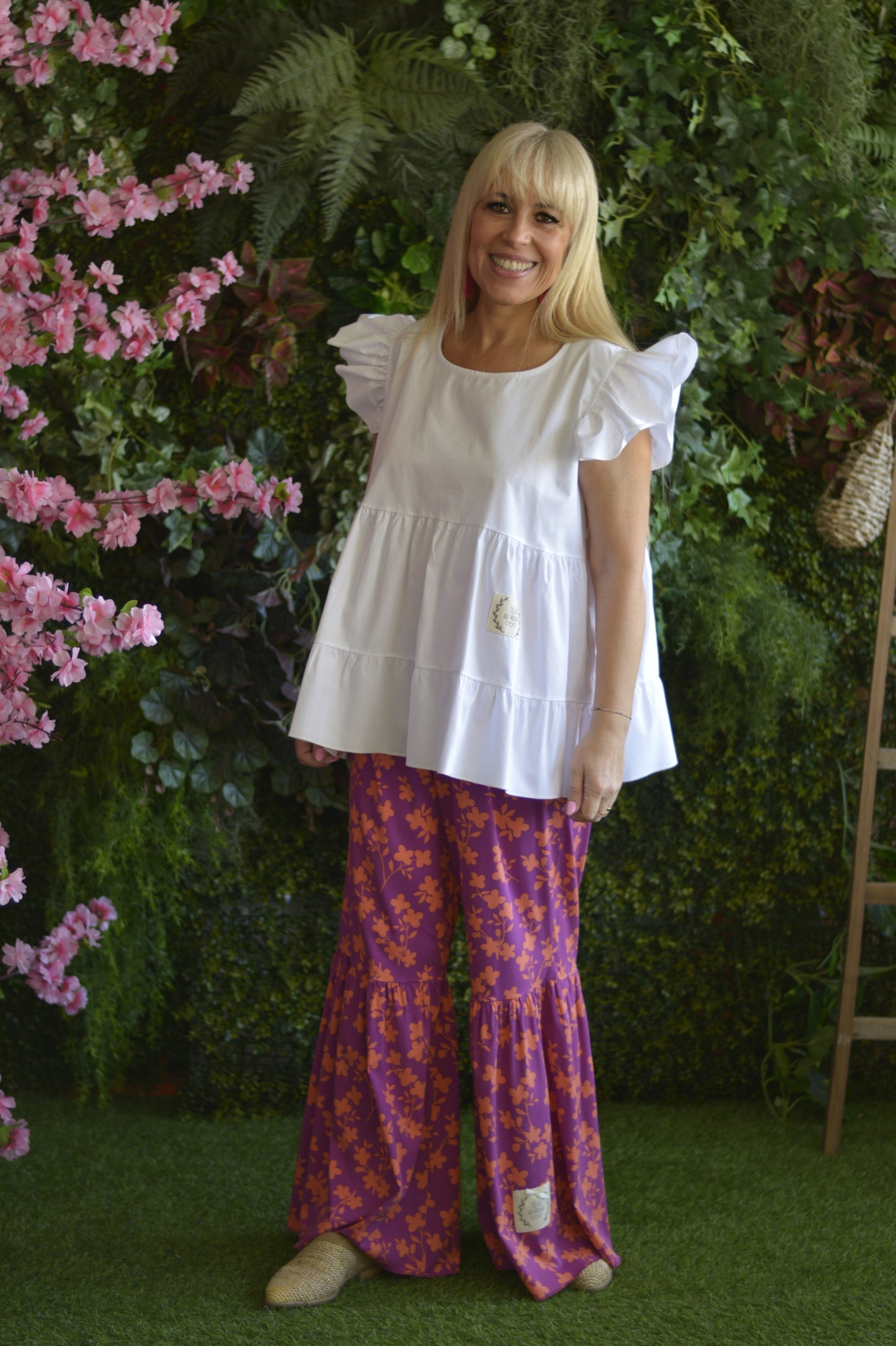 Pantalonas Laranja Flores Fuschia