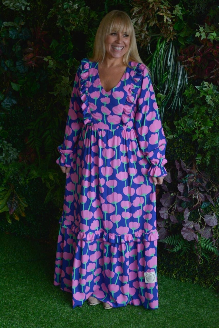 Vestido azulão flores fuschia