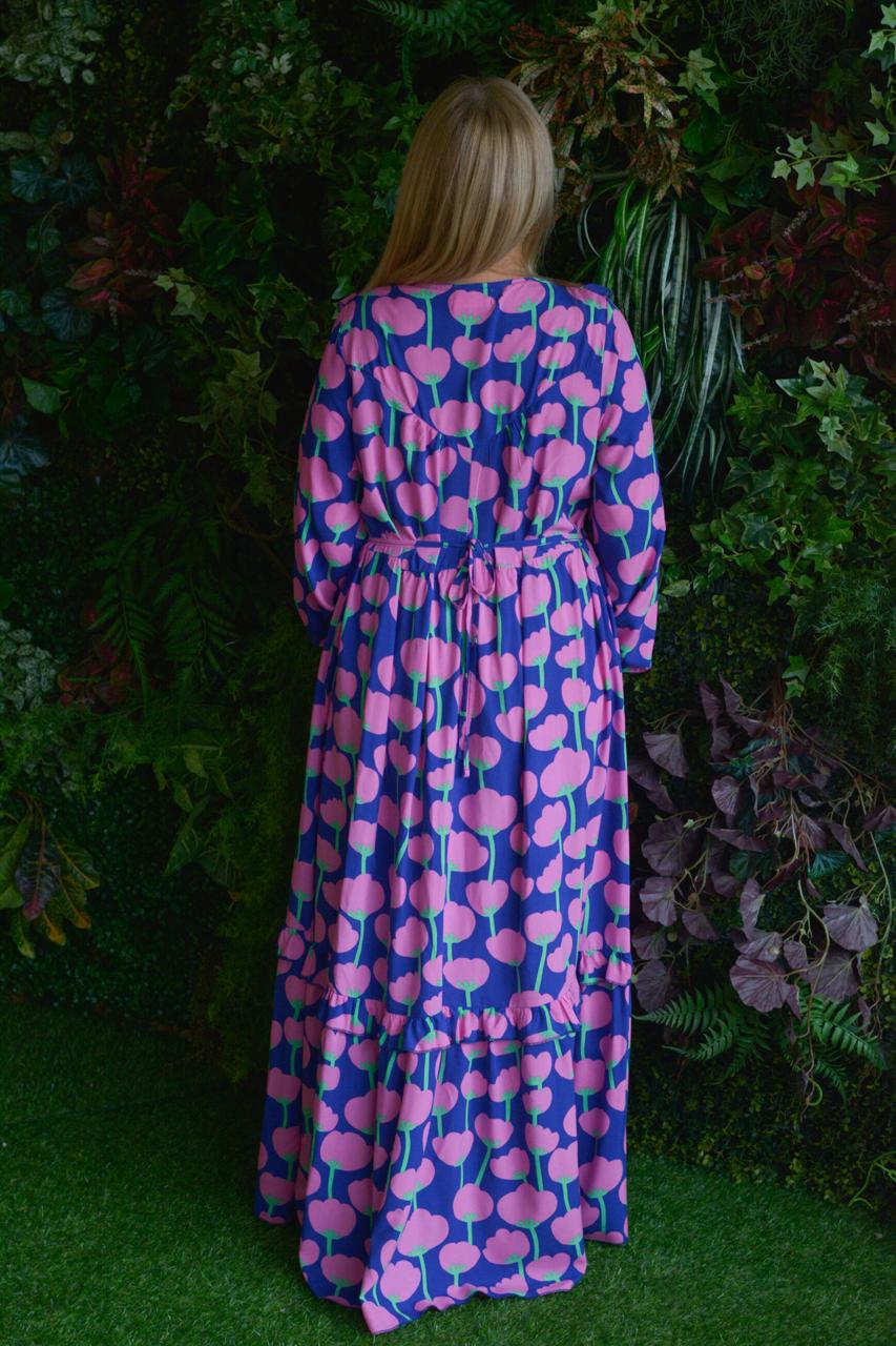 Vestido azulão flores fuschia