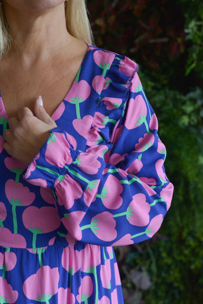 Vestido azulão flores fuschia