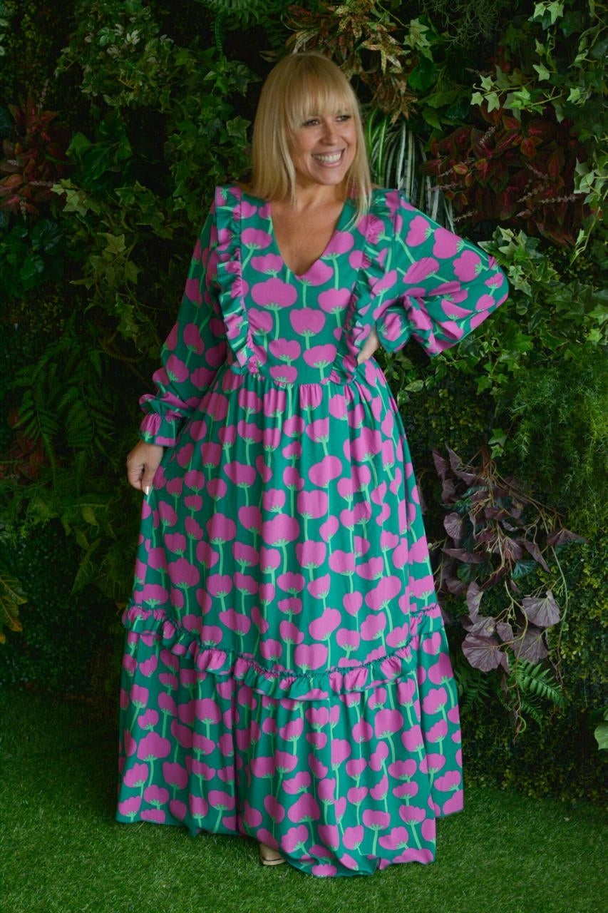 Vestido verde flores fuschia