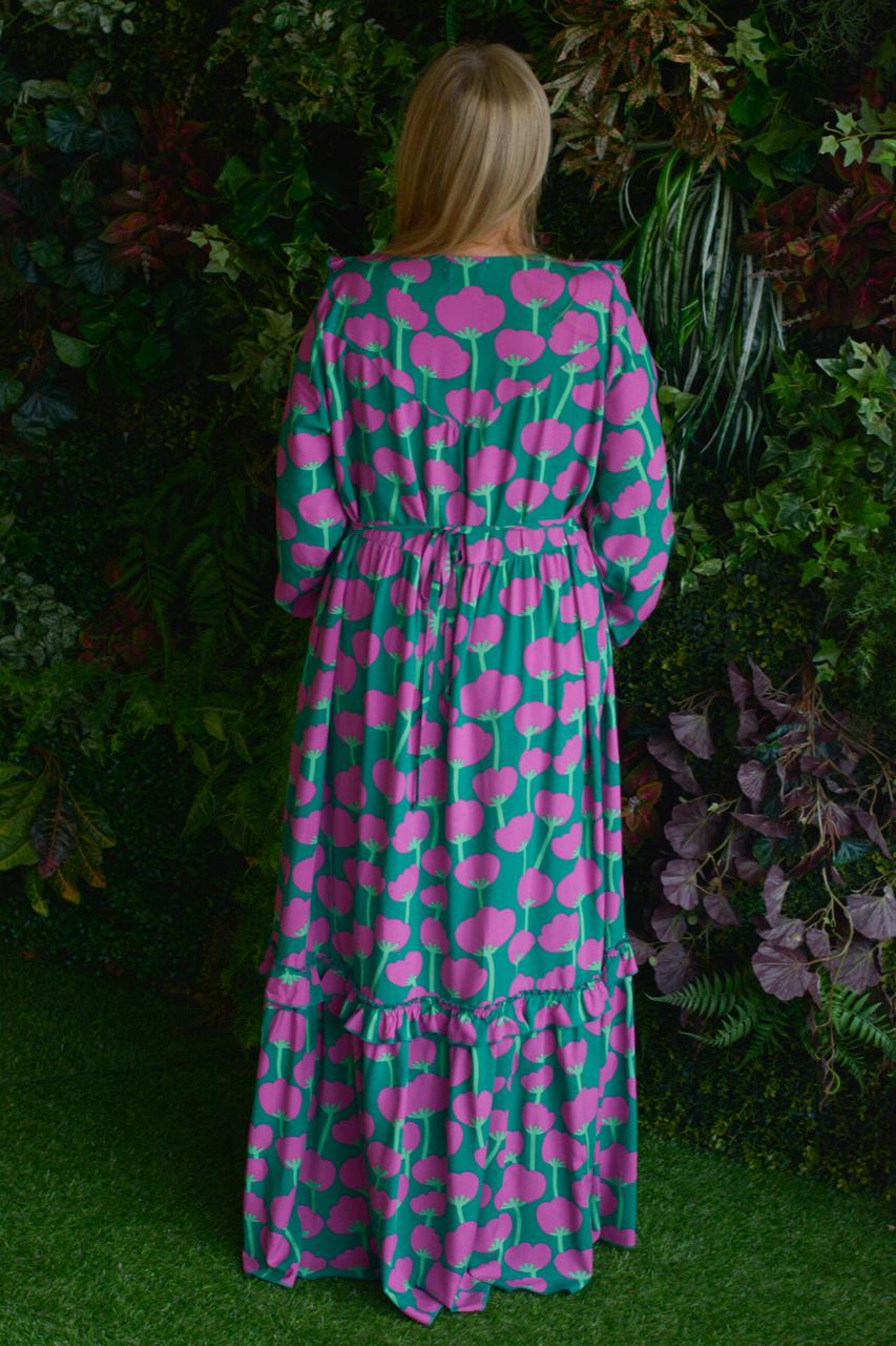Vestido verde flores fuschia