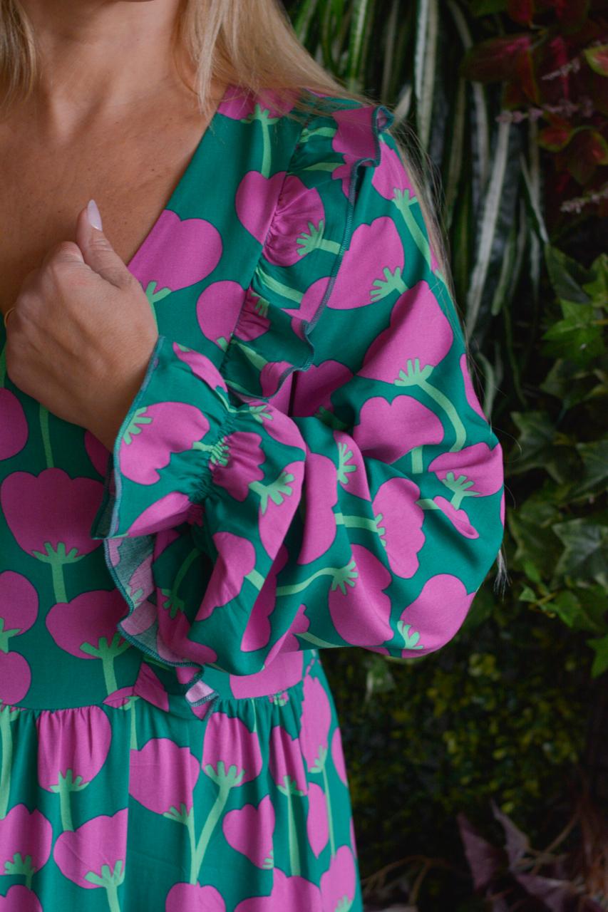 Vestido verde flores fuschia