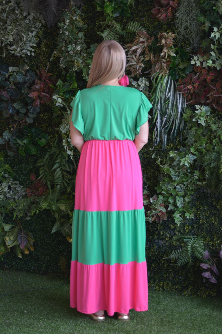 Vestido fuschia e verde