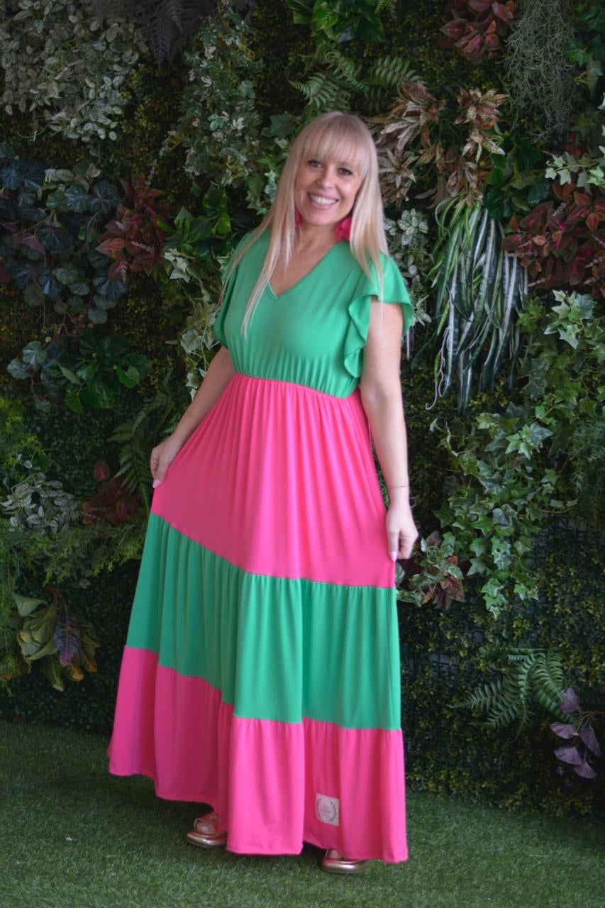 Vestido fuschia e verde