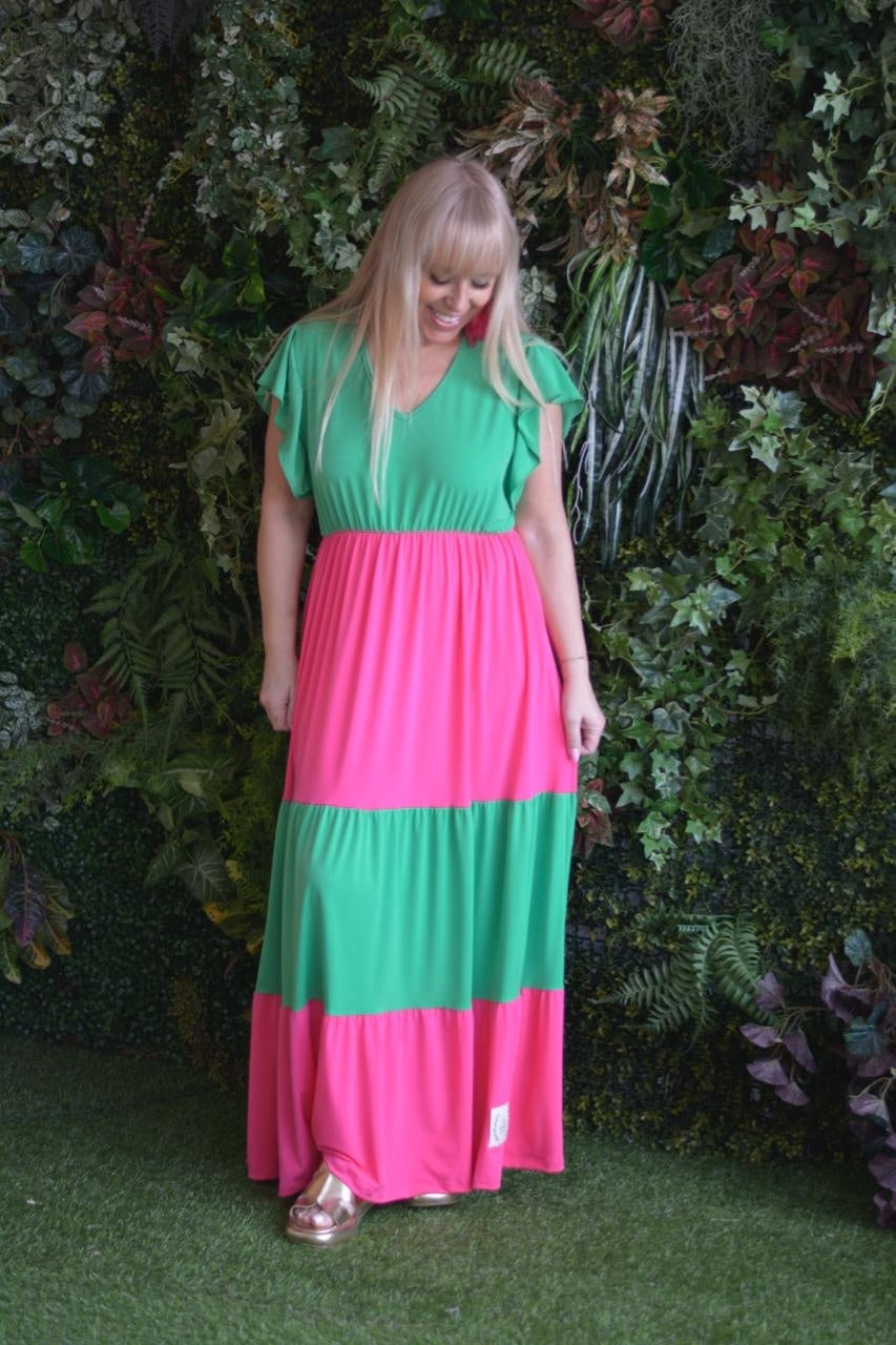 Vestido fuschia e verde