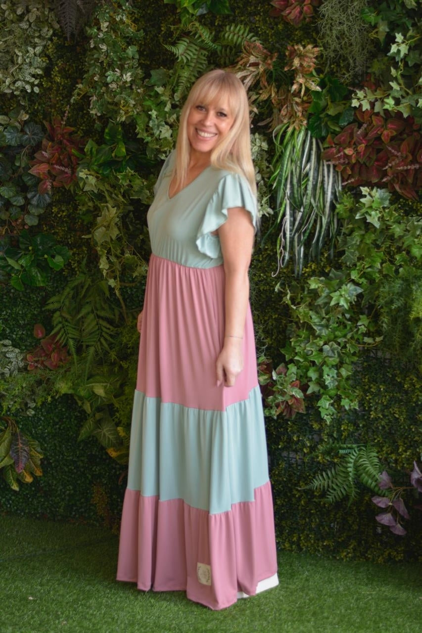 Vestido verde água e rosa