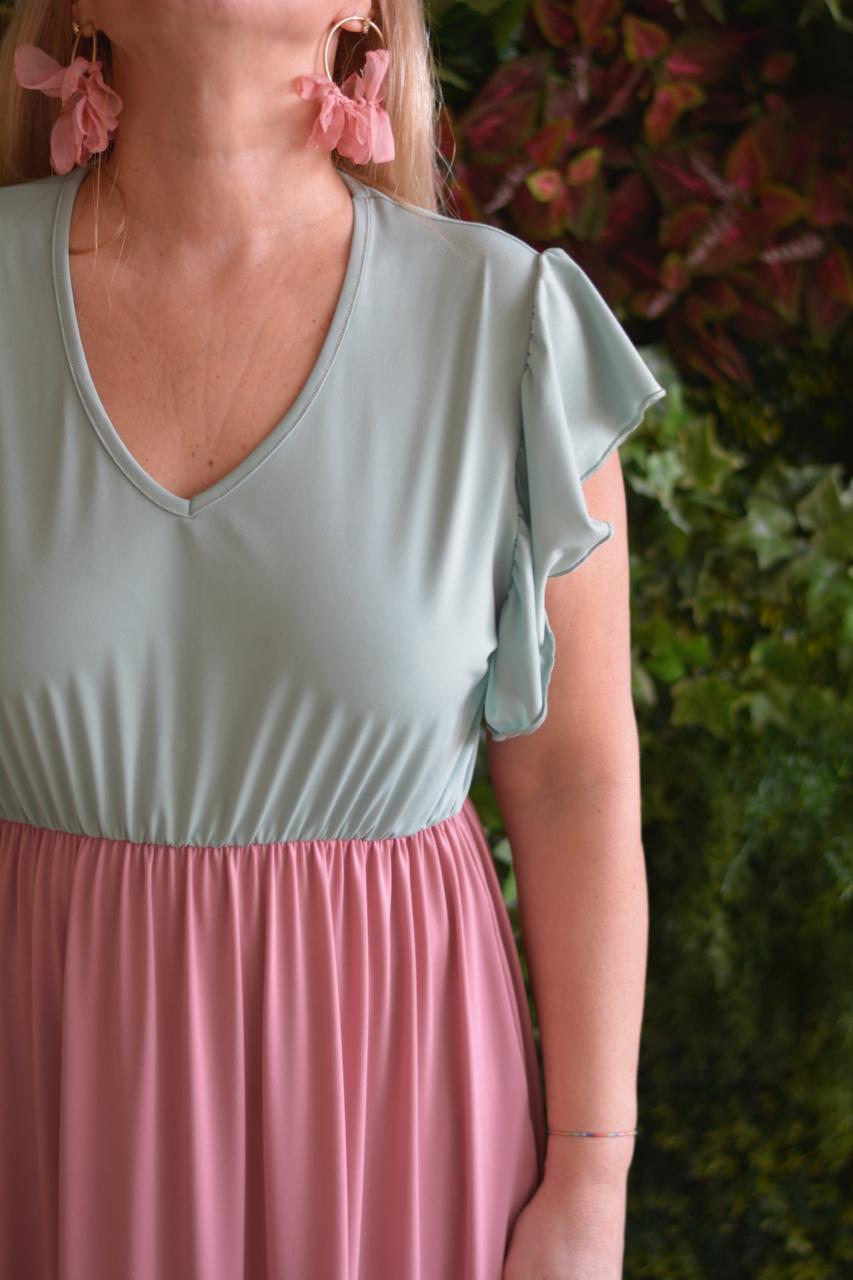 Vestido verde água e rosa