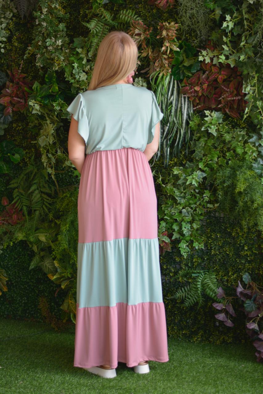 Vestido verde água e rosa