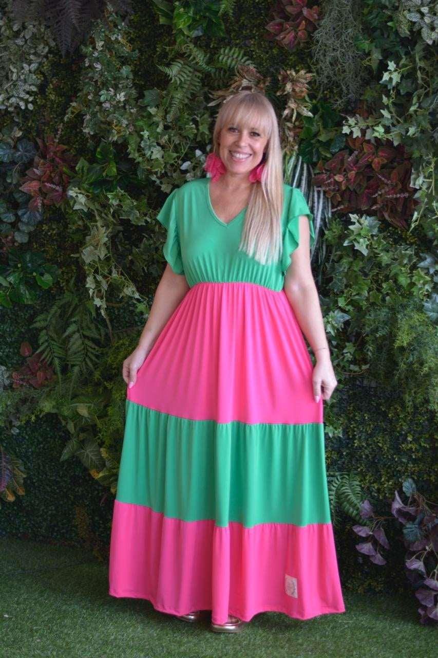 Vestido fuschia e verde