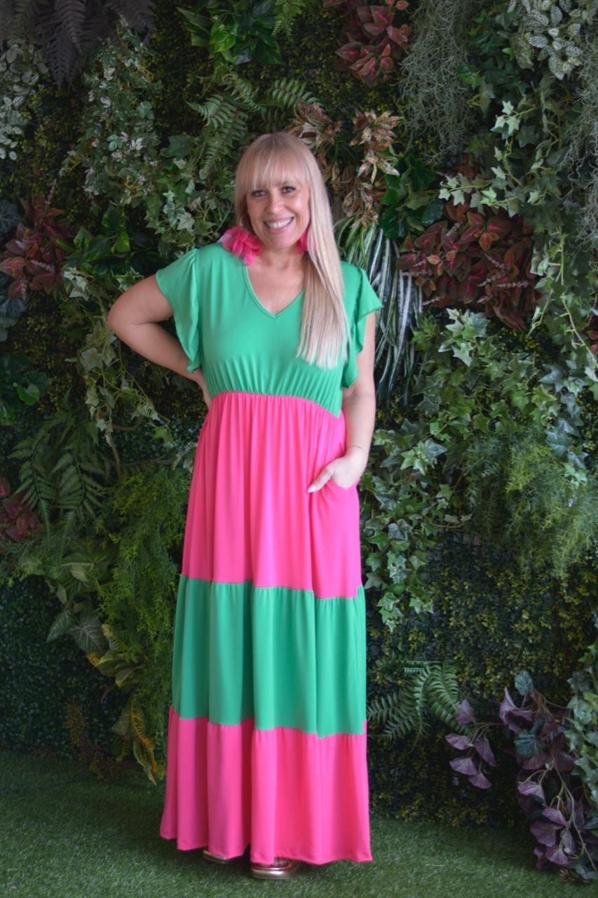 Vestido fuschia e verde