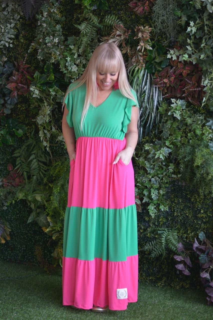 Vestido fuschia e verde