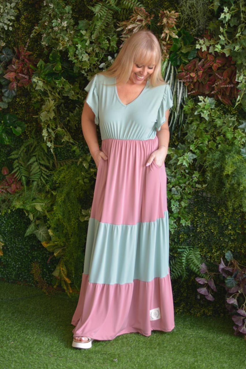 Vestido verde água e rosa