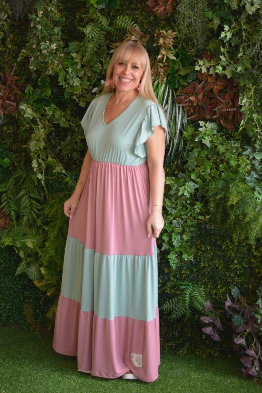 Vestido verde água e rosa