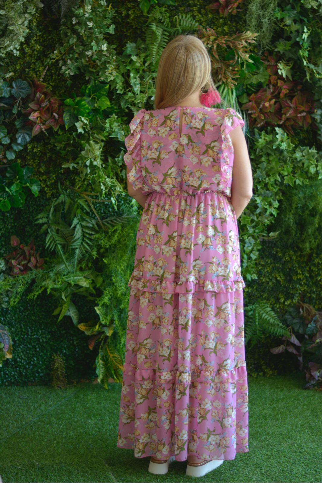 Vestido comprido rosa flores