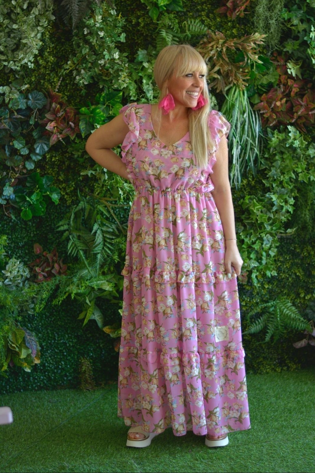 Vestido comprido rosa flores