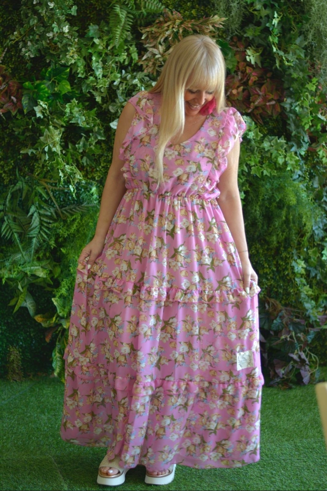 Vestido comprido rosa flores