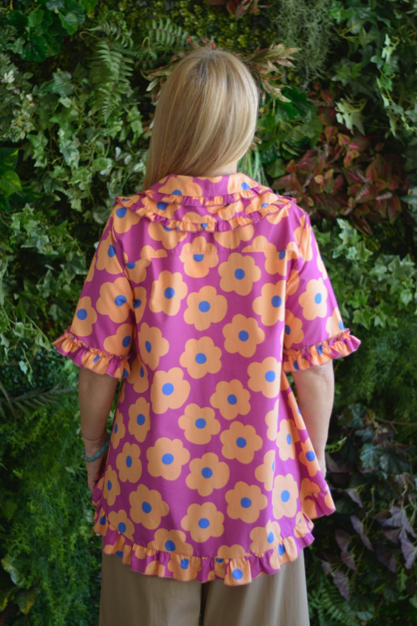 Camisa beringela flores laranja