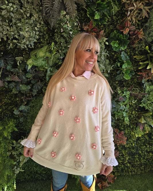 Camisola Lambezul  Cru com Flores