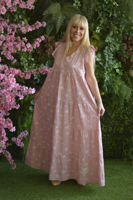 Vestido Rosa Flores Bordadas