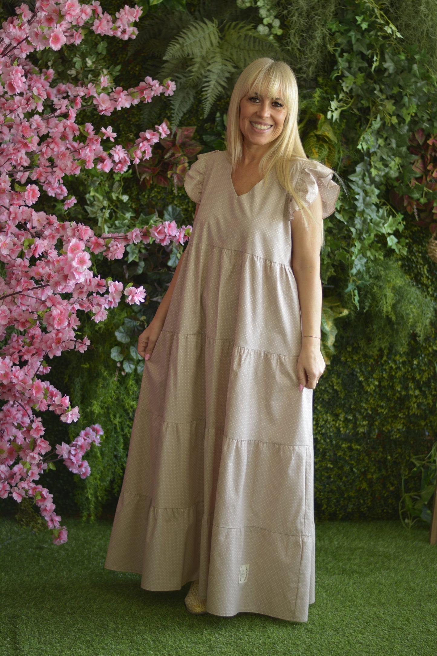 Vestido Creme Pintinhas Brancas