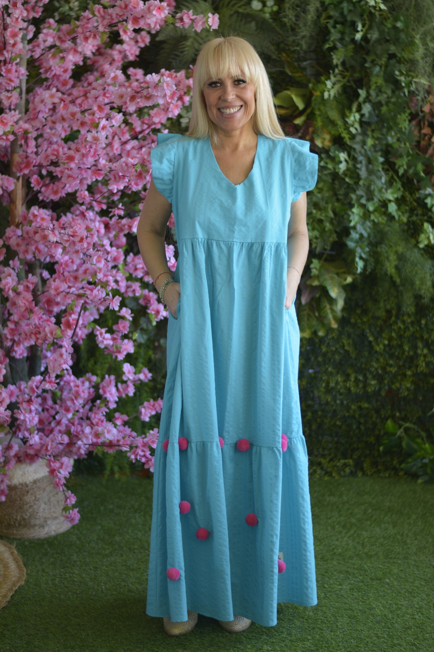 Vestido Turquesa Pompons