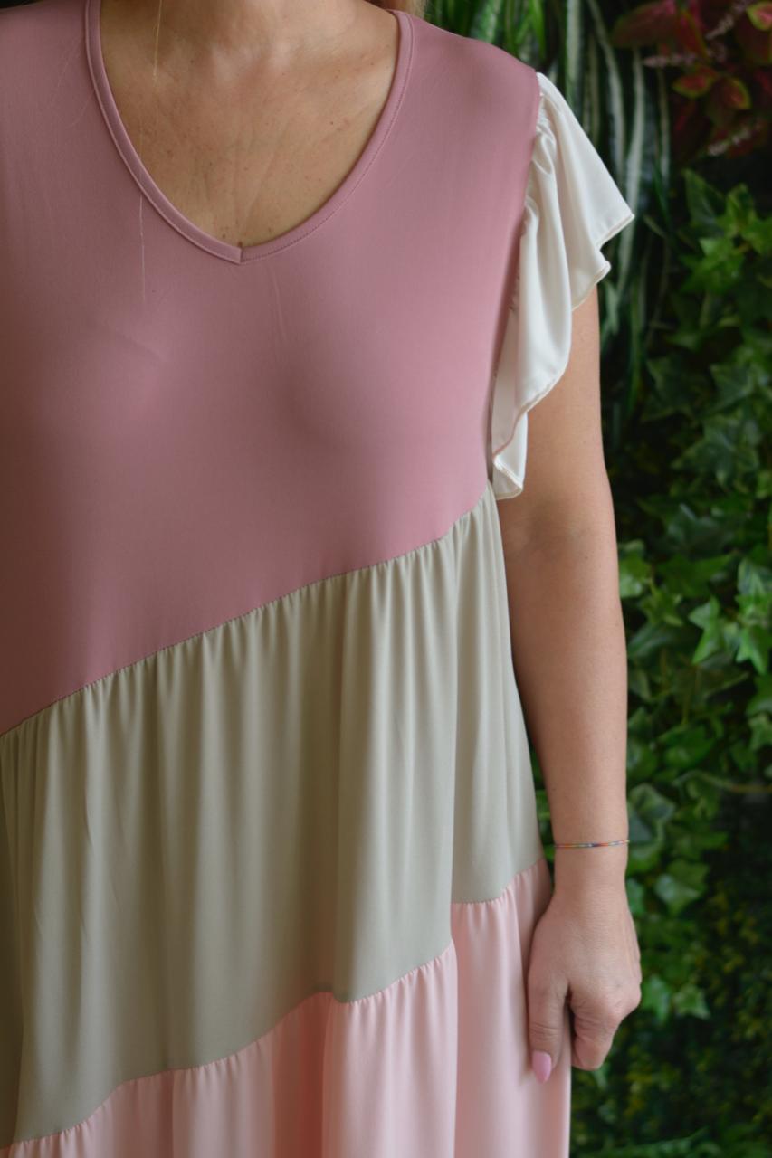 Vestido creme rosa e cru