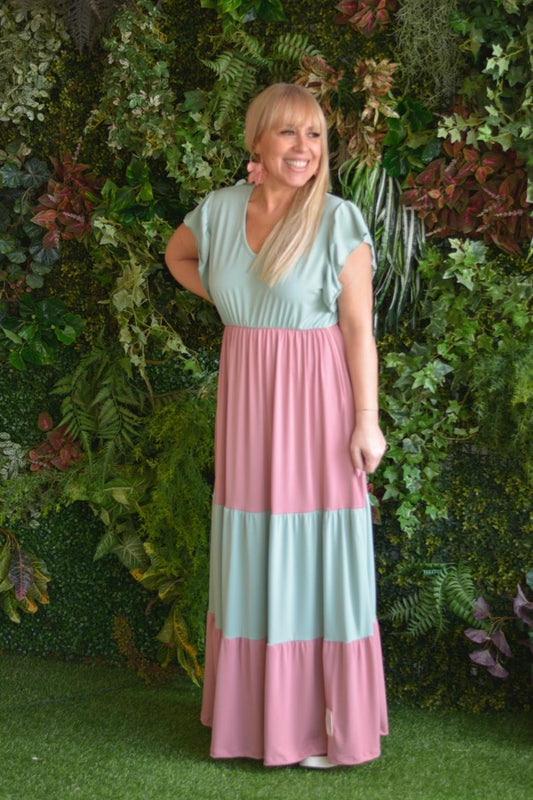 Vestido verde água e rosa