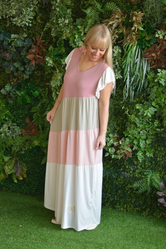 Vestido creme rosa e cru