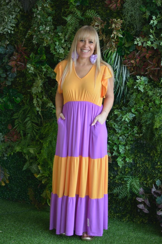 Vestido lilás e laranja