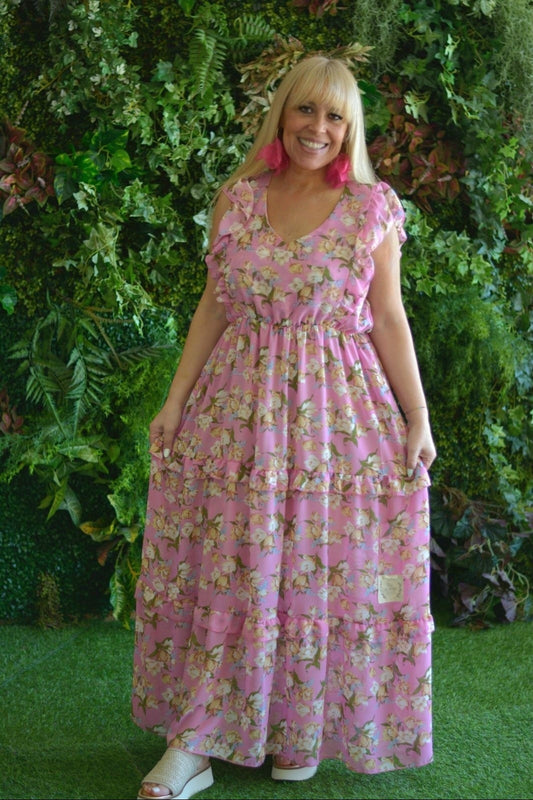 Vestido comprido rosa flores
