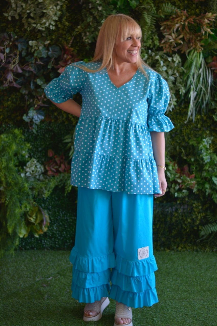 Pantalonas folhos turquesa