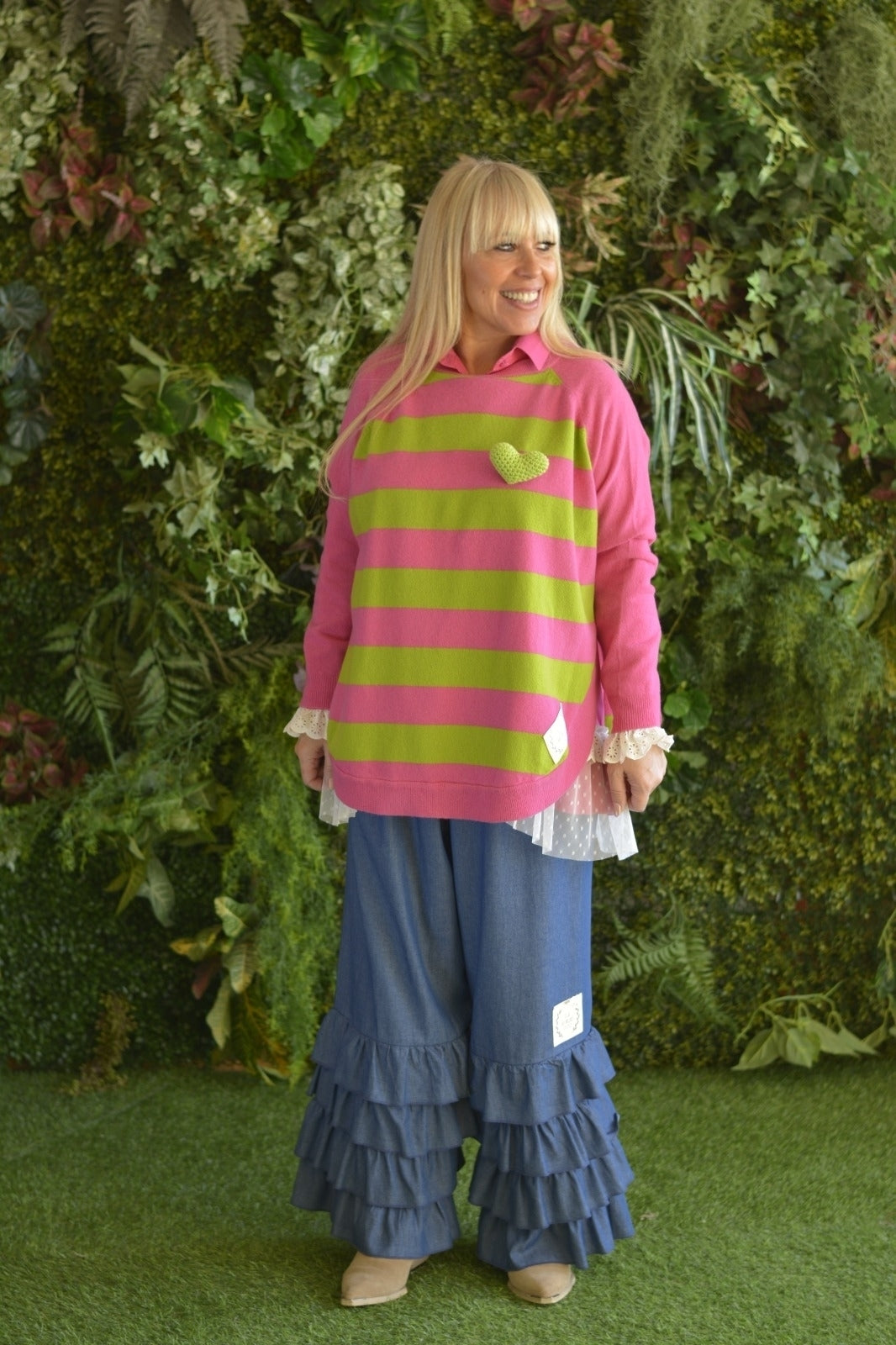 Camisola Lambezul Riscas Fuschia e Verde