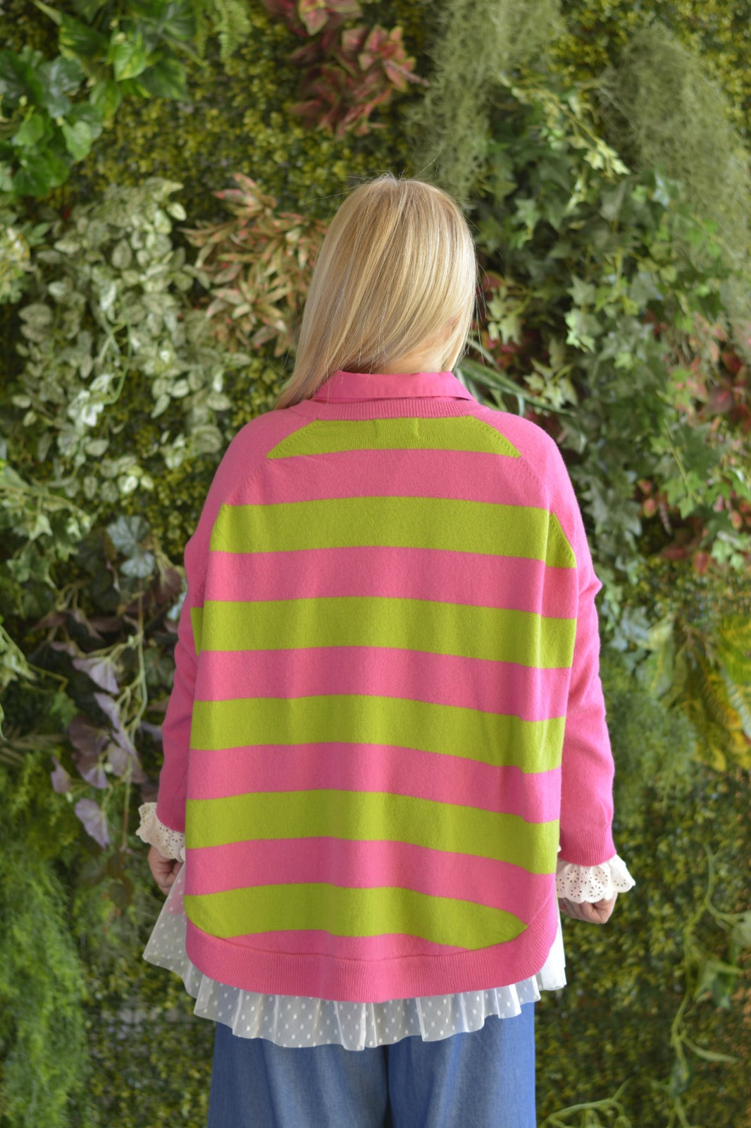 Camisola Lambezul Riscas Fuschia e Verde