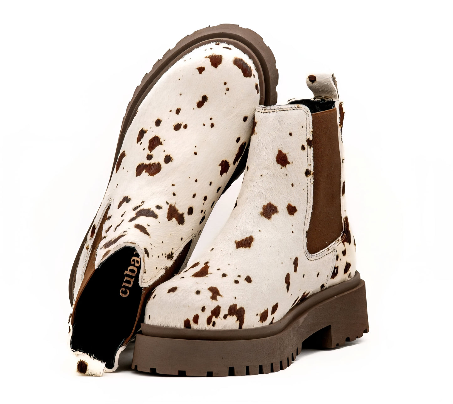 Botas Cubanas Castanha em Animal Print de Vaca