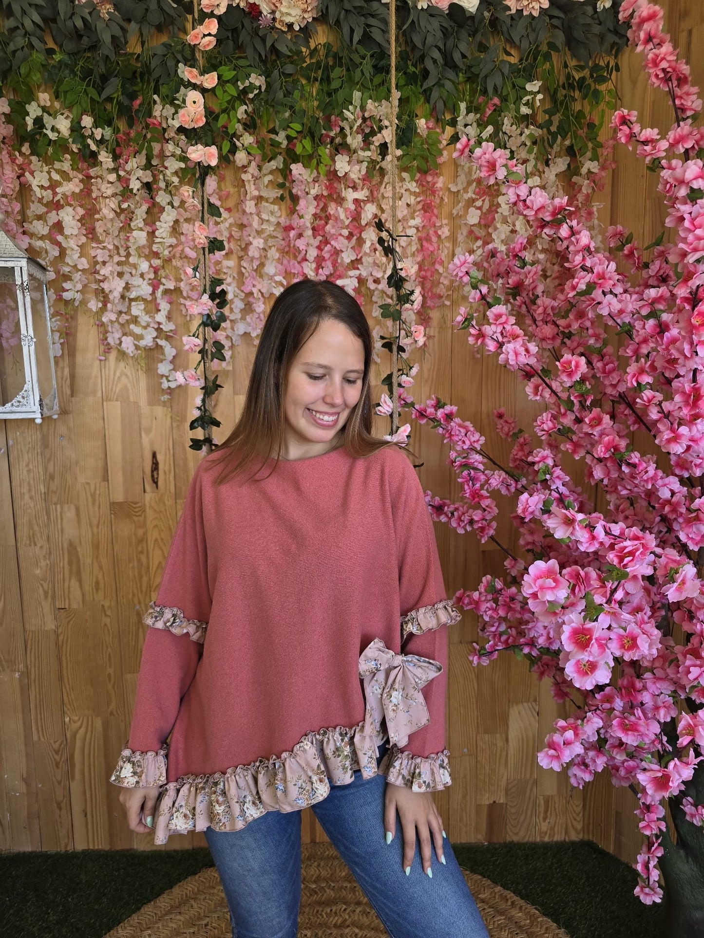 Camisola lambezul rosa com folho flores