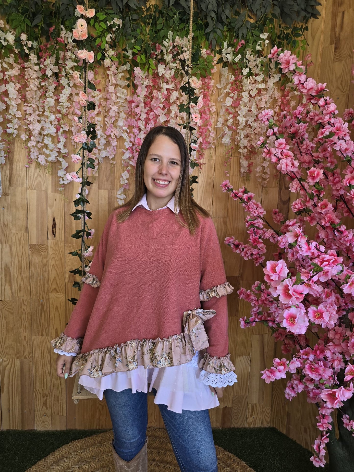 Camisola lambezul rosa com folho flores