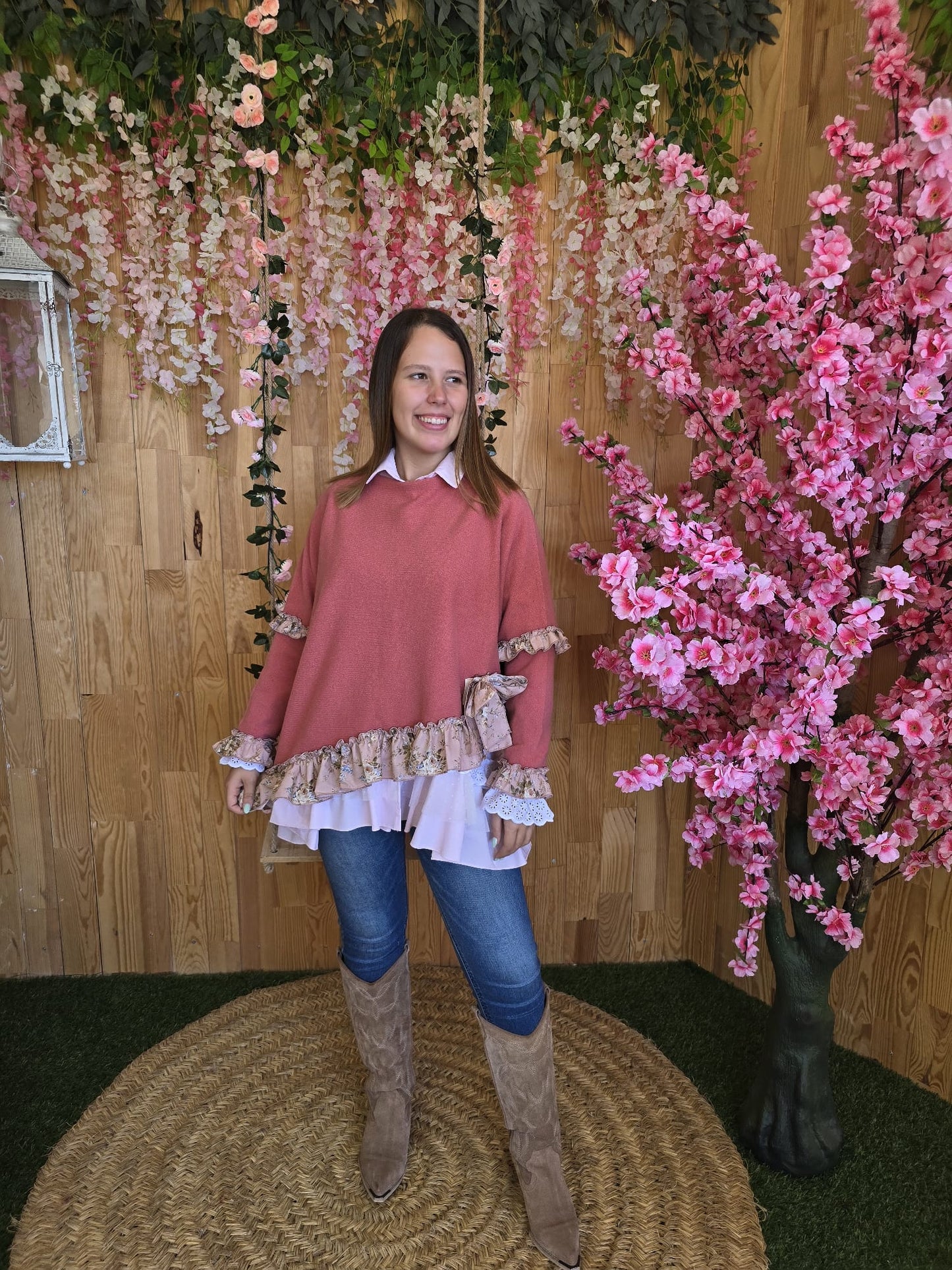 Camisola lambezul rosa com folho flores