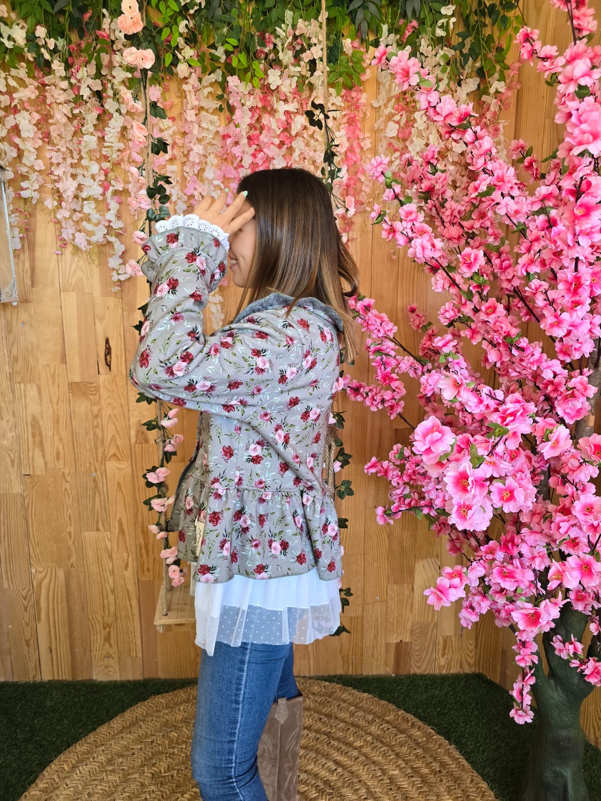 Casaco verde flores com pelo por dentro