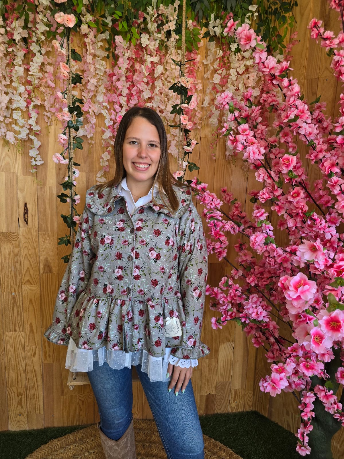 Casaco verde flores com pelo por dentro