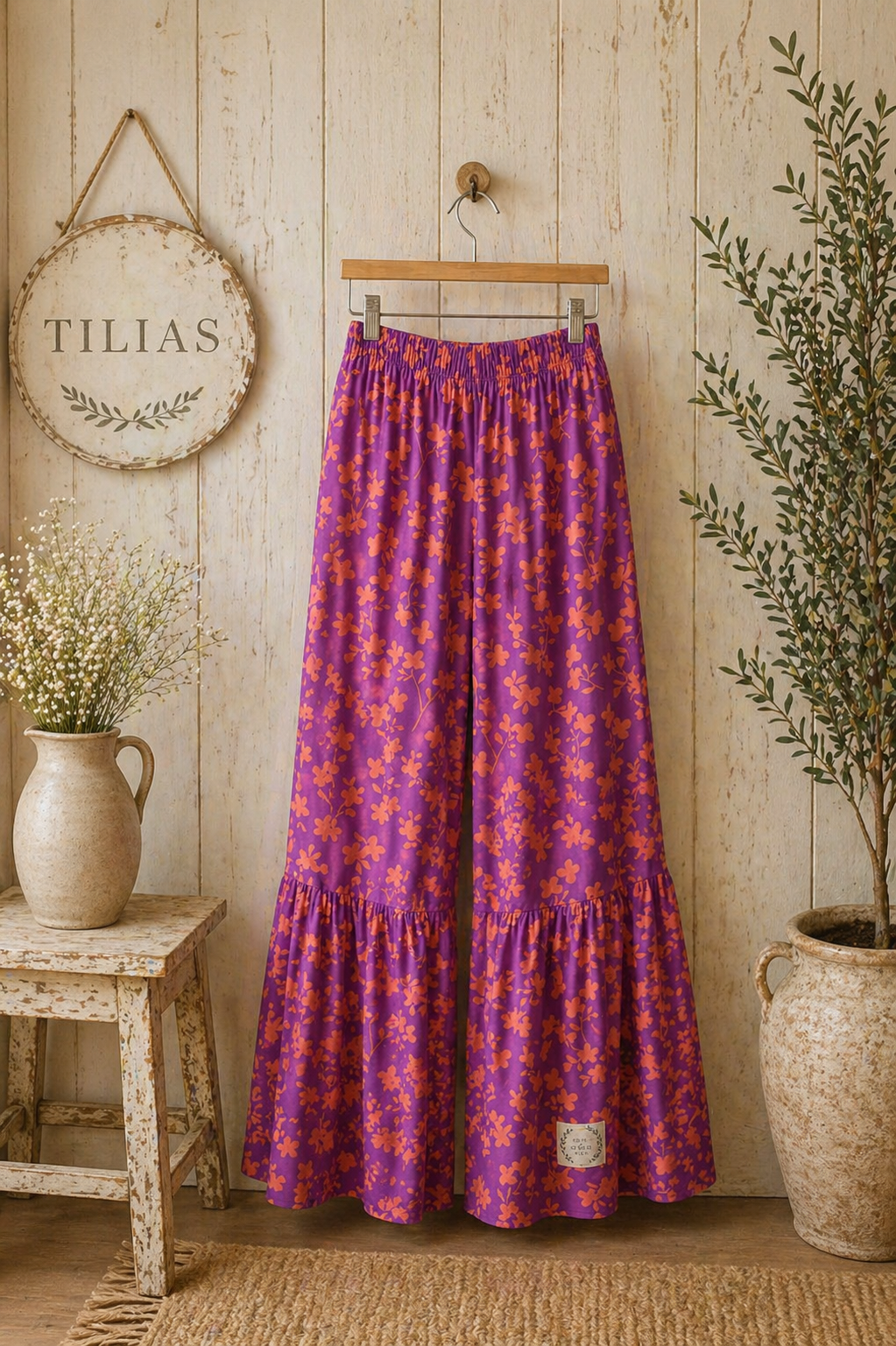 Pantalonas Laranja Flores Fuschia