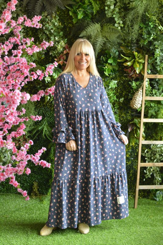 Vestido Azul Flores Mangas Folhos