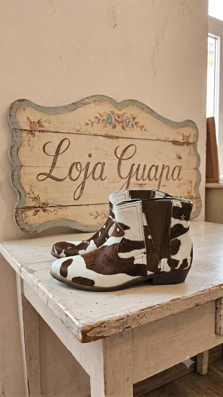 Botas Cubanas Texanas em animal print vaca castanha